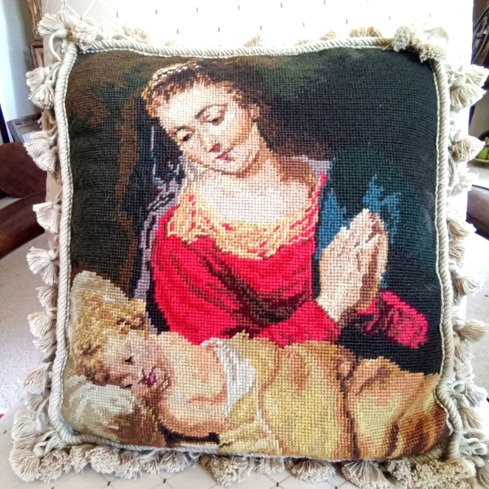 PILLOW, NEEDLEPOINT, MOTHER AND CHILD